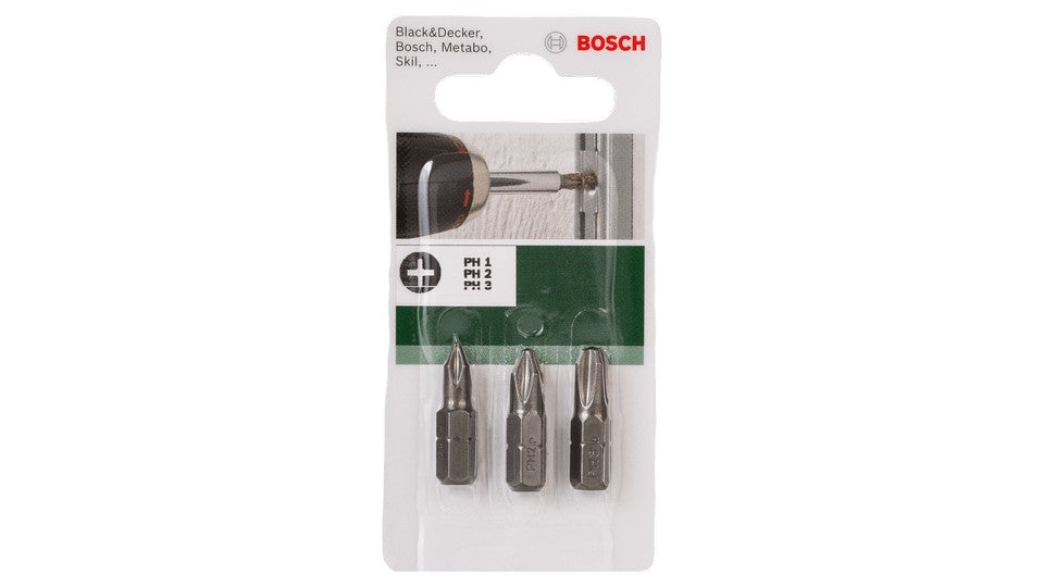 Bosch Screwdriver Set, Phillips PH Screwdrivers, 3 Pieces 1, 2, and 3 x 25 mm - Grey