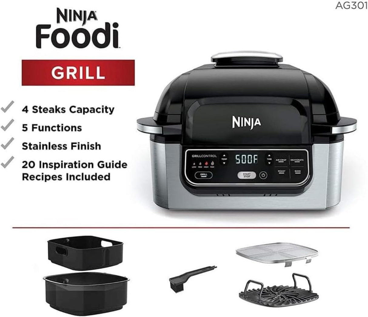 شواية كهربائية نينجا فودي 5 في 1 للاستخدام الداخلي مع قلاية هوائية 4 كوارت، 1760 واط، فضي - AG301-2