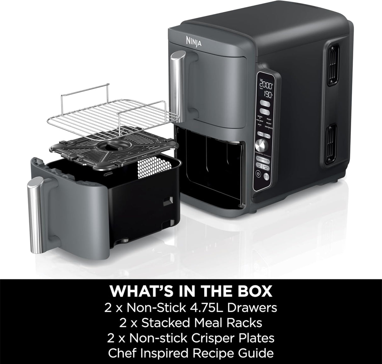 قلاية هوائية نينجا مزدوجة الأدراج، 9.5 لتر - أسود-2