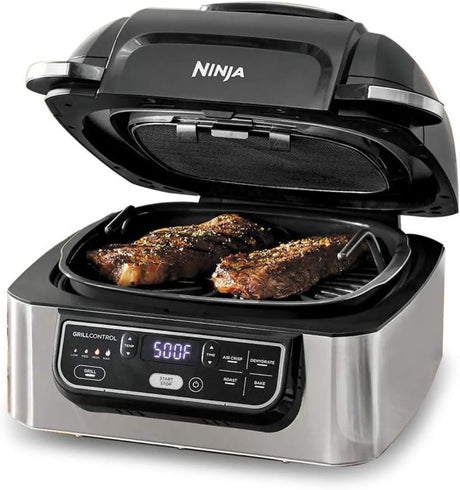 شواية كهربائية نينجا فودي 5 في 1 للاستخدام الداخلي مع قلاية هوائية 4 كوارت، 1760 واط، فضي - AG301