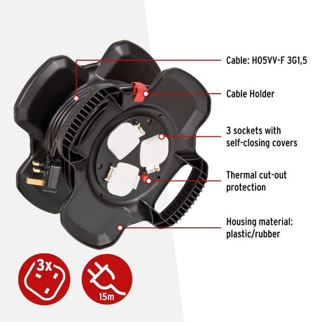 بكرة كابلات مطاطية بثلاثة مقابس أرضية من برينينستوهل مع غطاء ذاتي الاغلاق، 15 متر - أسود