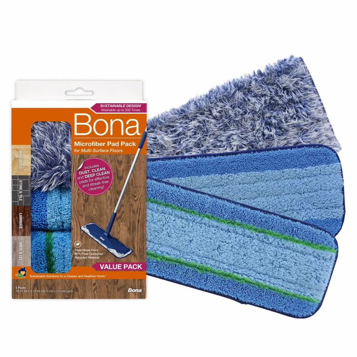 Bona Microfiber Cleaning Pads 4" X 15" 3 Pack Multicolor
