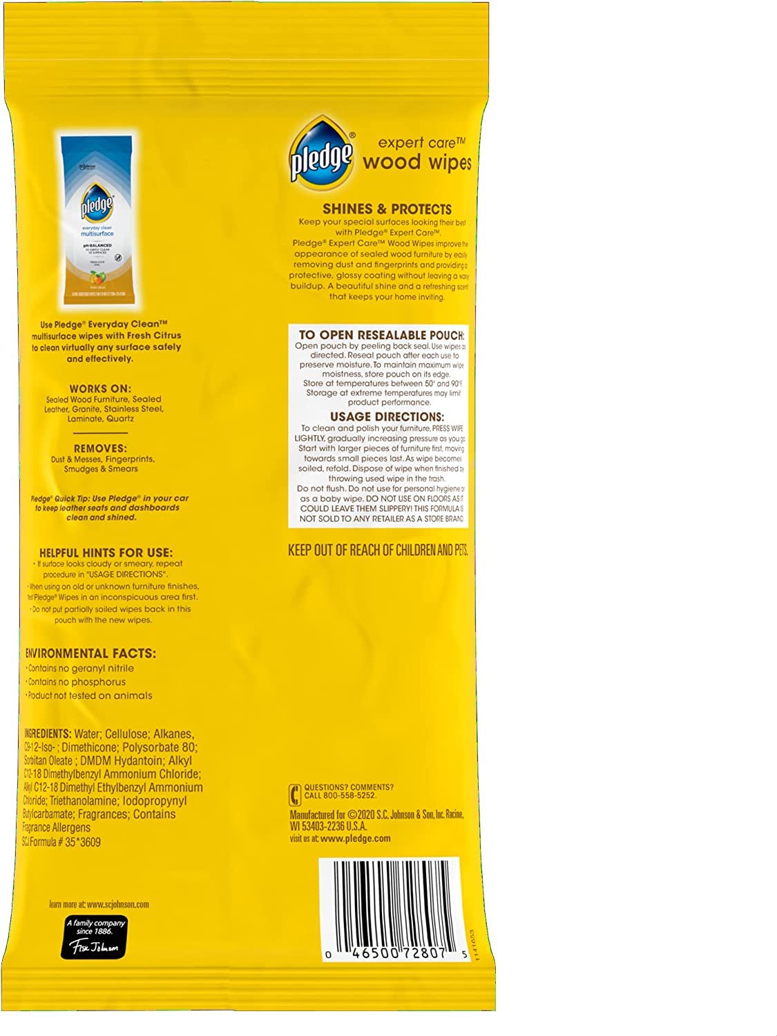 Pledge Expert Care Wood Polish & Protectant Wipes, Lemon Scent, 24 Count