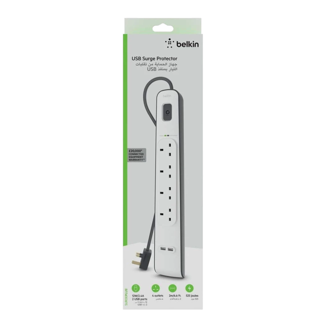 Belkin Surge Protector Power Strip with Dual Charging Ports and 4 AC Outlets, 2m, 12W – White