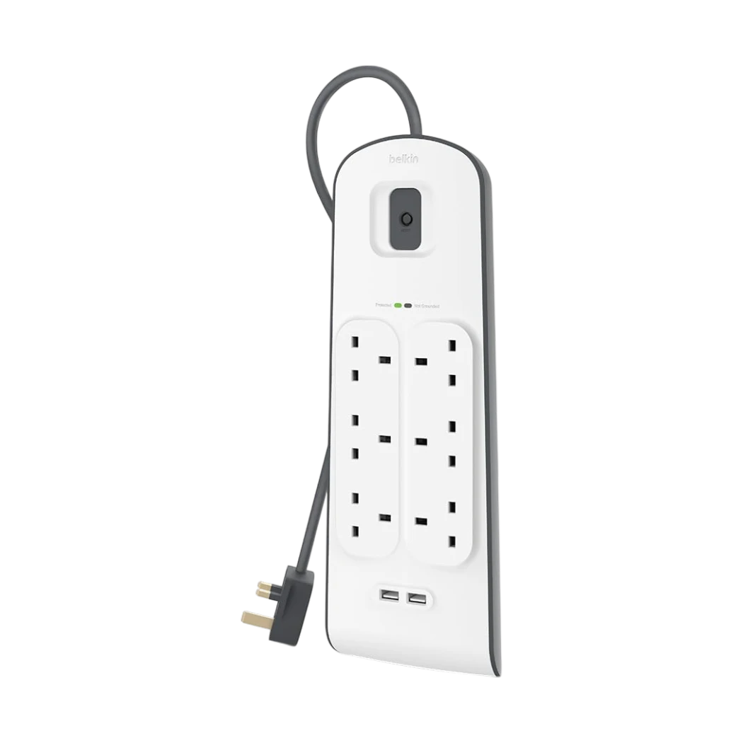 Belkin Surge Protector Power Strip with Dual Charging Ports and 6 AC Outlets, 2m, 12W – White