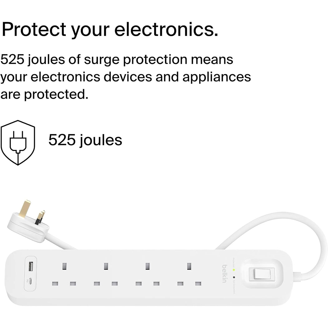 Belkin Surge Protector Power Strip with Charging Port and 4 AC Outlets, 2m, 18W – White