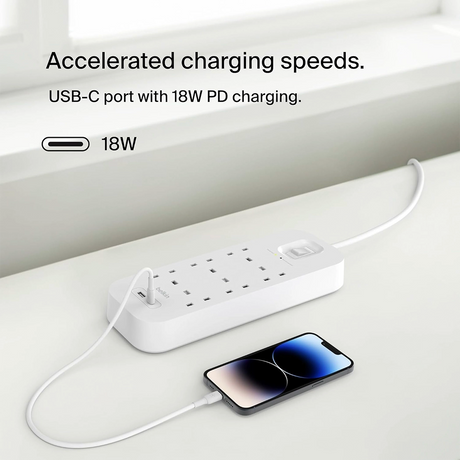 Belkin Surge Protector Power Strip with Dual Charging Ports and 8 AC Outlets, 2m, 30W – White