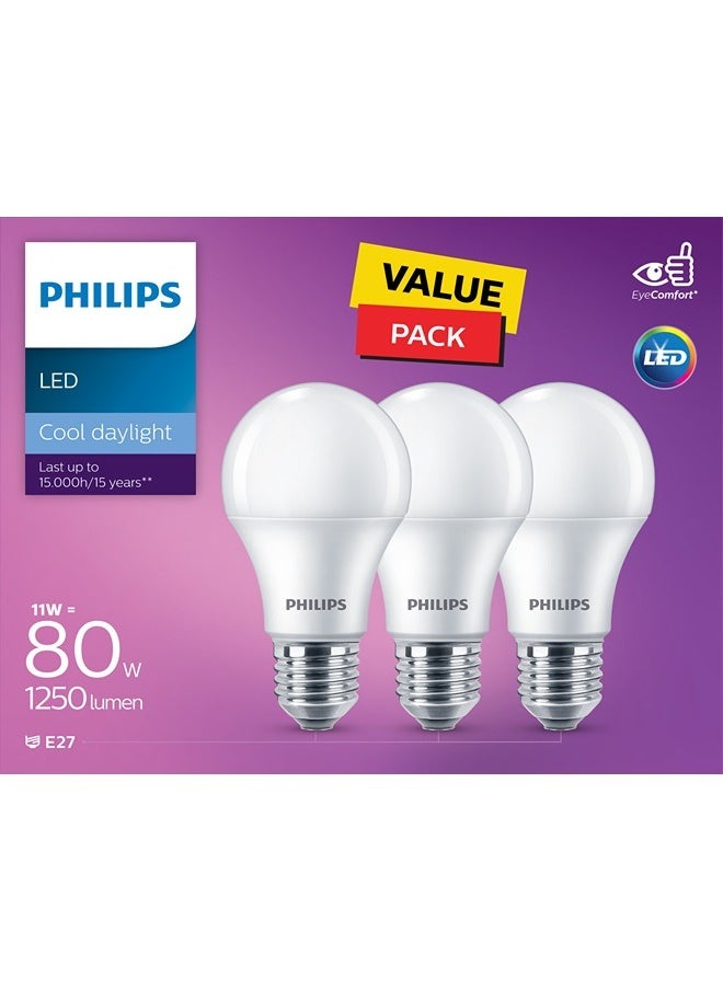 Philips Essential LED Bulb 5th Generation E27 Base, 3 Pieces, 11W, 6500K, 230V - White