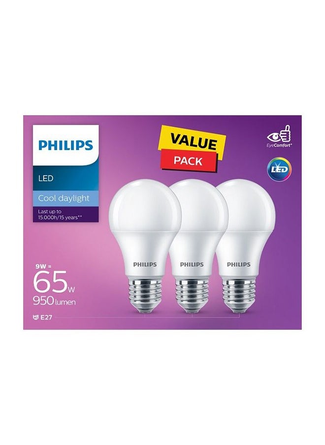 Philips Essential LED Bulb 5th Generation E27 Base, 3 Pieces, 9W, 3000K, 230V - White