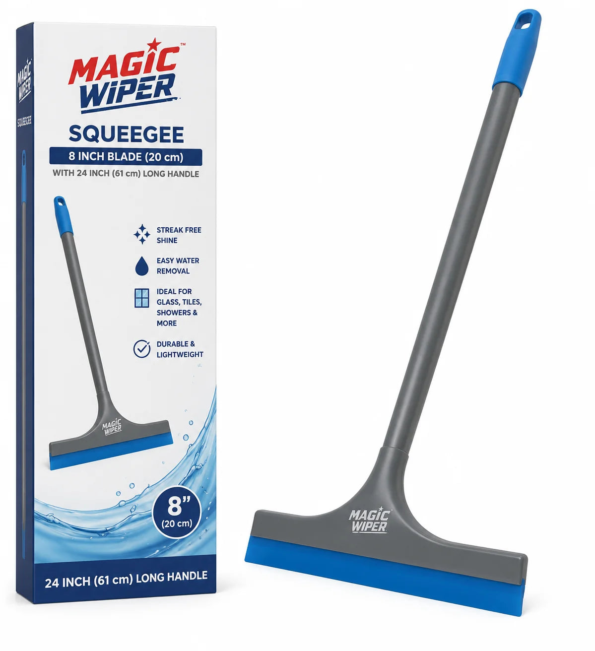 Magic Wiper Squeegee 8 inch with 24 inch Long Handle